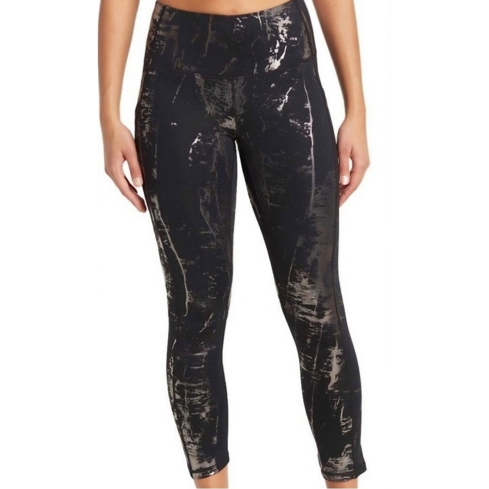 Silver Splatter Workout Leggings Pants Black Metallic Silver